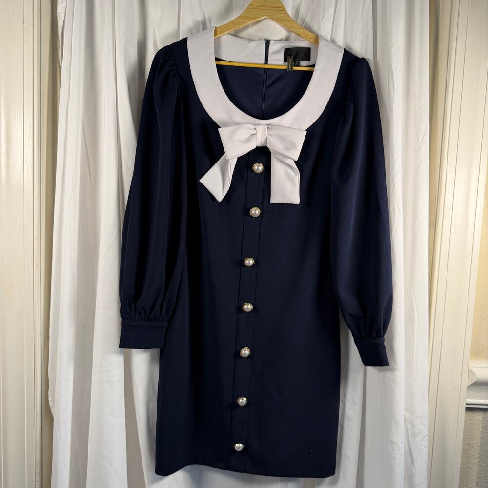 Alexia Admor Navy Bow Dress Pearl Button Front Lg Sl Mini Preppy Chic Size Small - Picture 2 of 10